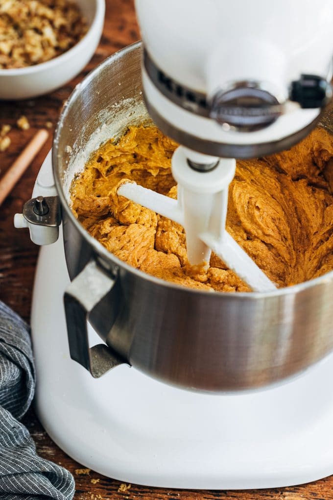 pumpkin bread batter in a KitchenAid stand mixer