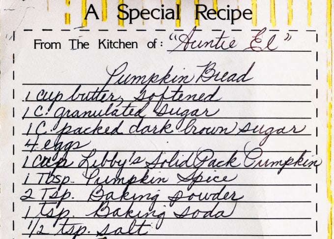 aunt ellen's pumpkin bread recipe card