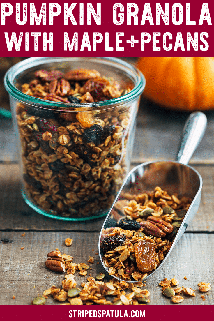 Homemade Pumpkin Granola with Maple Pecans is an easy recipe that’s perfect for a healthy snack or fall breakfast. Make it ahead and enjoy it by the handful all week long! #granola #pumpkinrecipes #pumpkinspice #easyrecipe #snacks #breakfast