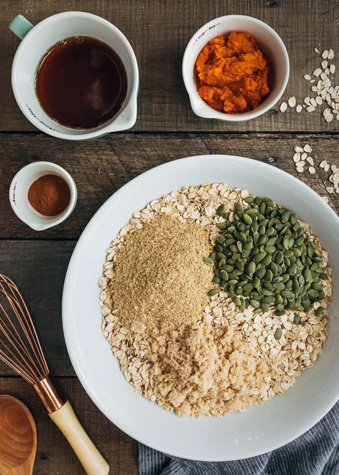 ingredients for pumpkin granola in a bowl