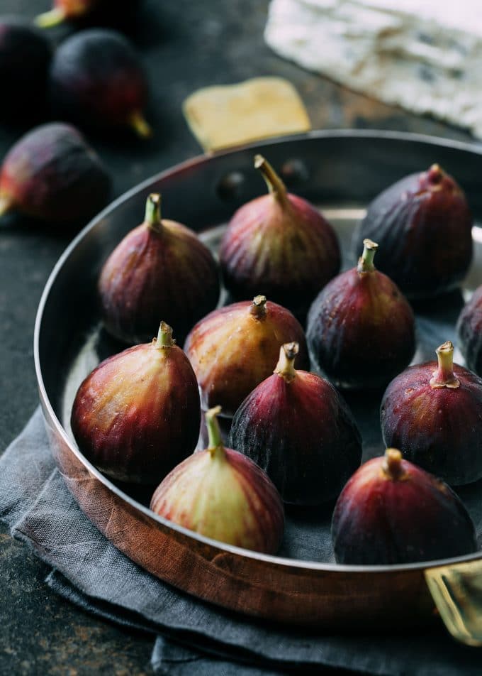 fresh Brown Turkey figs in a copper baking dish