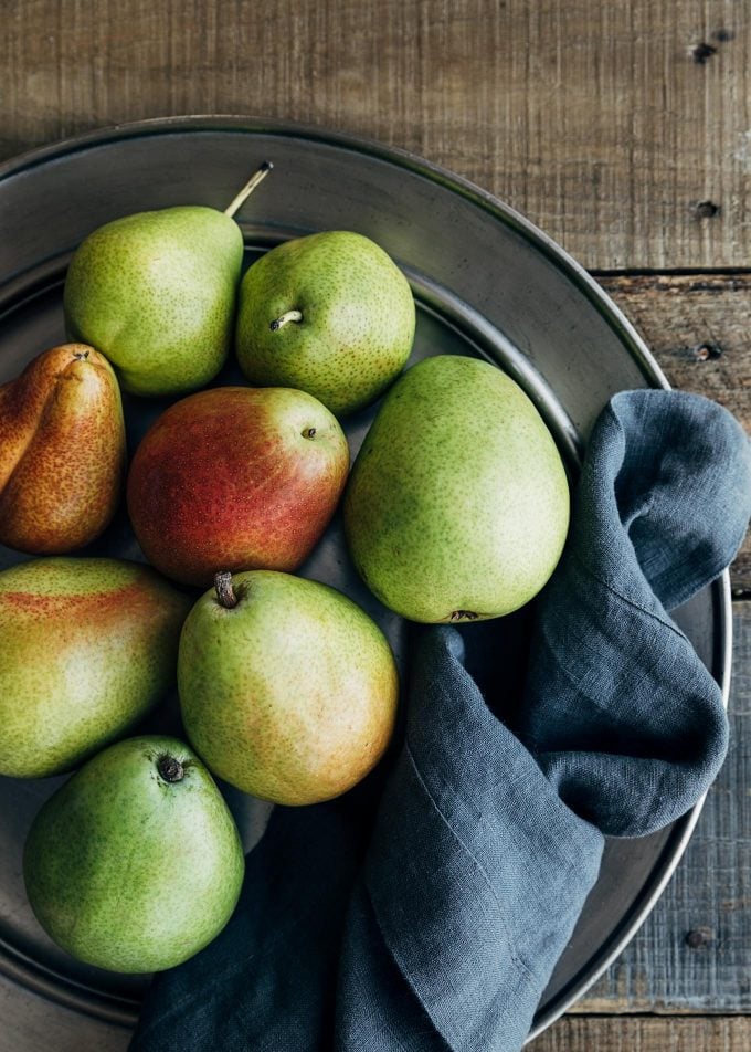 d'anjou and forelle pears on a pewter plate