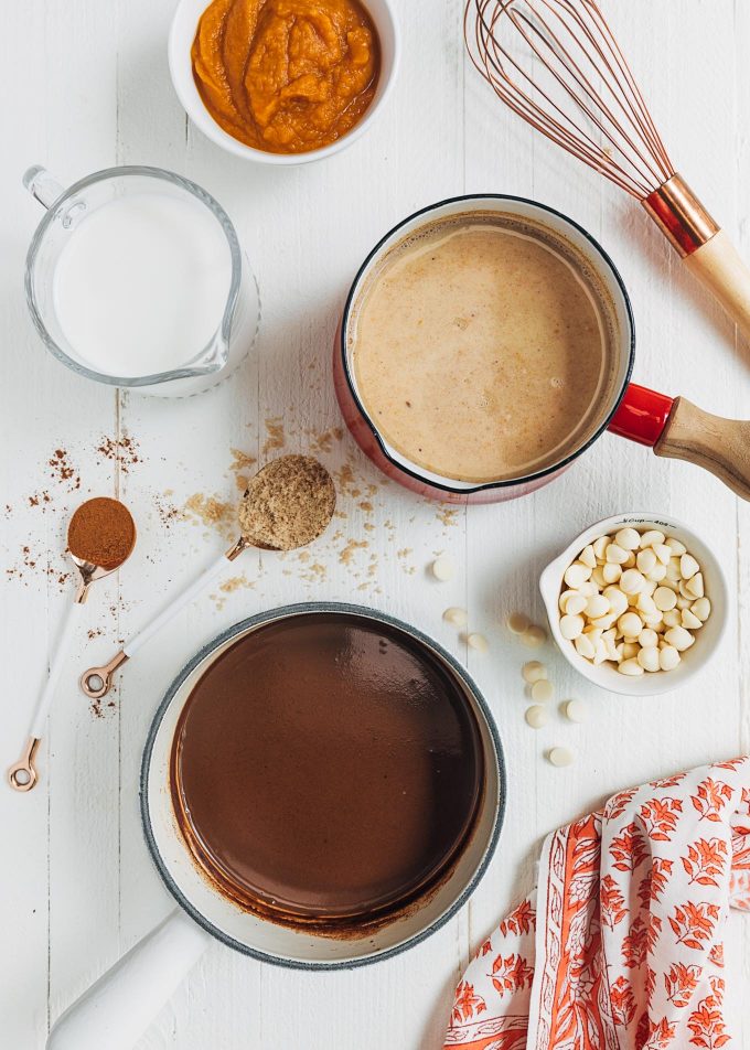 pots of white and dark chocolate with pumpkin spice