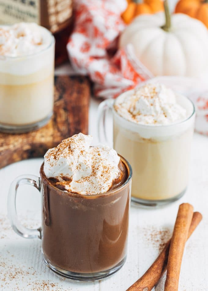 pumpkin spice hot chocolate with white and dark chocolate