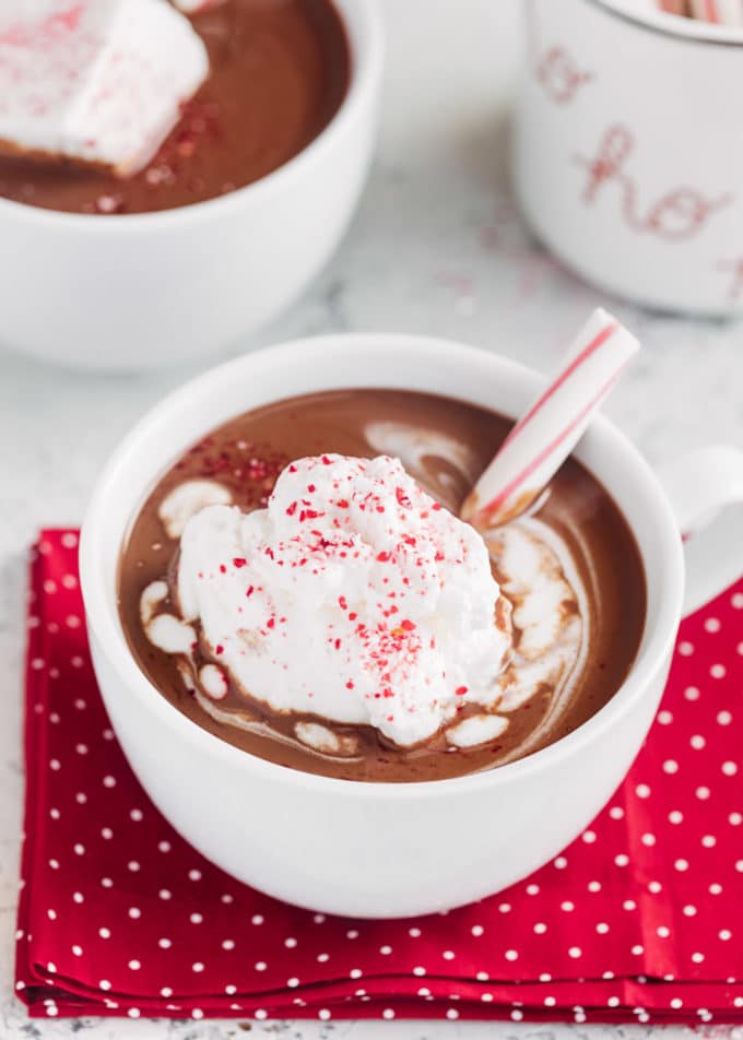 closeup of mug of peppermint hot chocolate on a red polka dot napkin