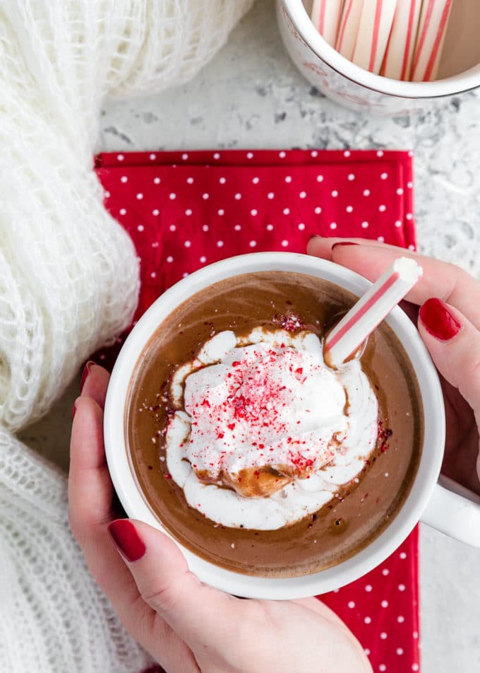 hands holding a mug of peppermint hot chocolate with whipped cream