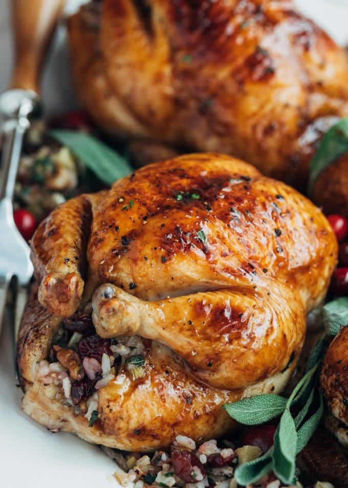 glazed cornish hen with rice stuffing on a white platter