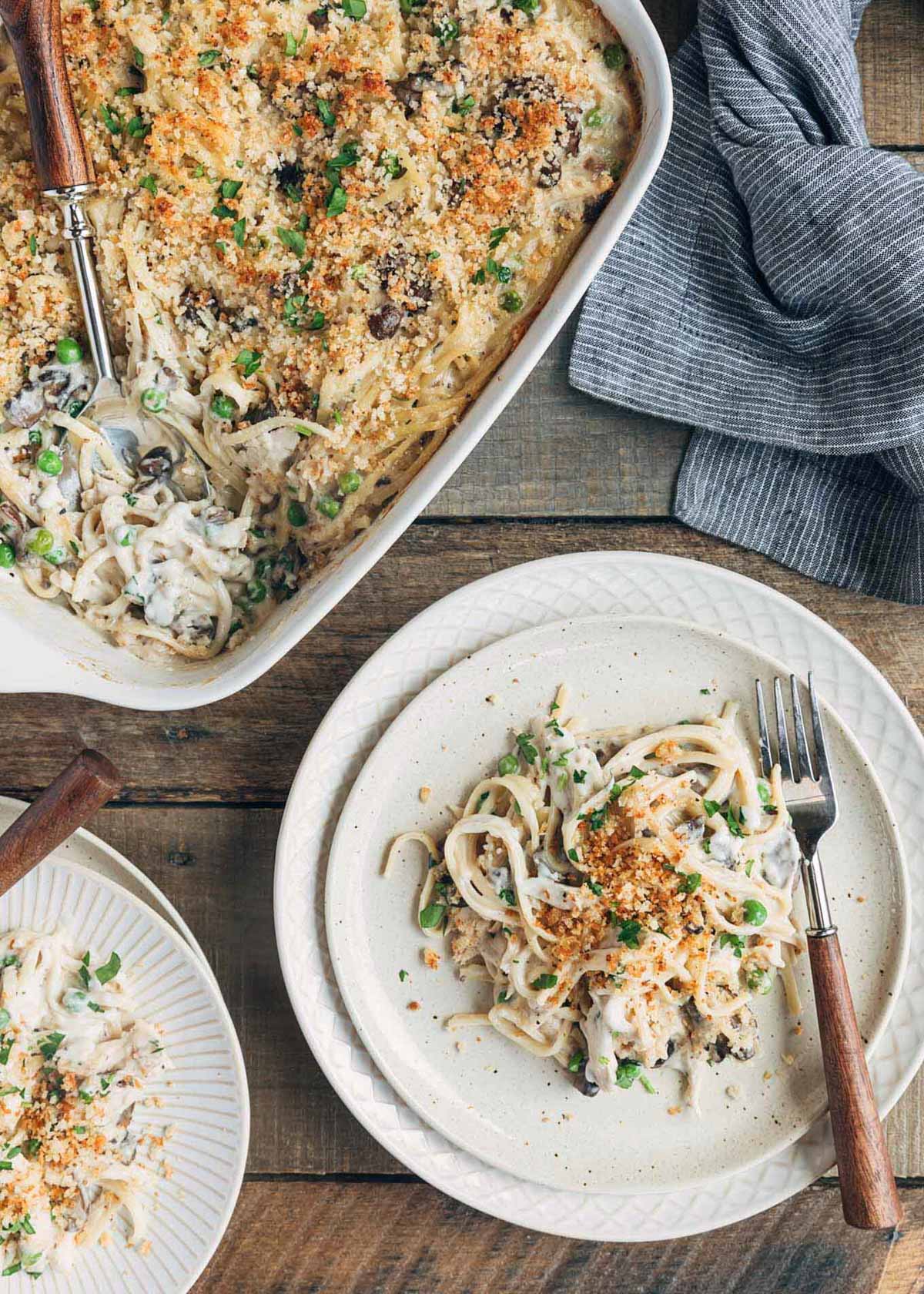 overhead view of plated turkey tetrazzini on a wood board
