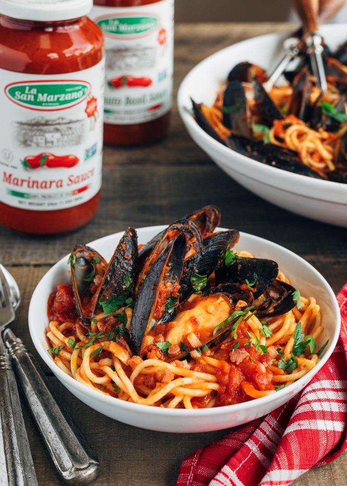 serving of spaghetti with mussels and La Regina di San Marzano pasta sauces {sponsored}