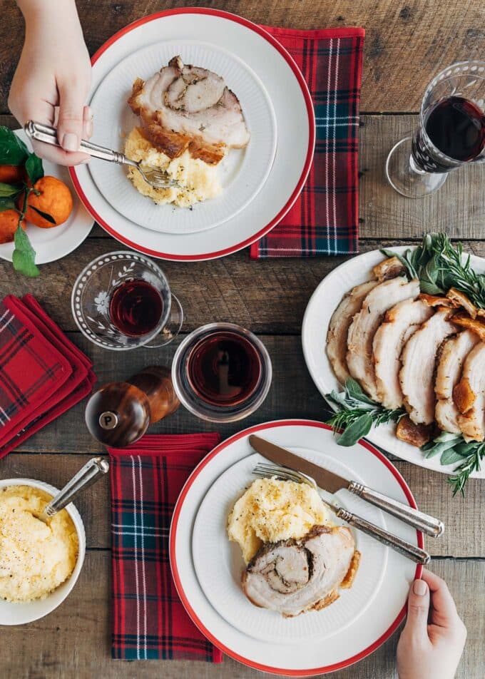 porchetta served at a holiday table setting