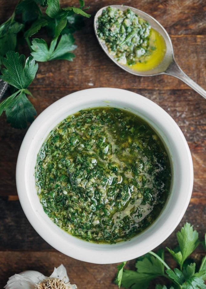 italian salsa verde in a white bowl