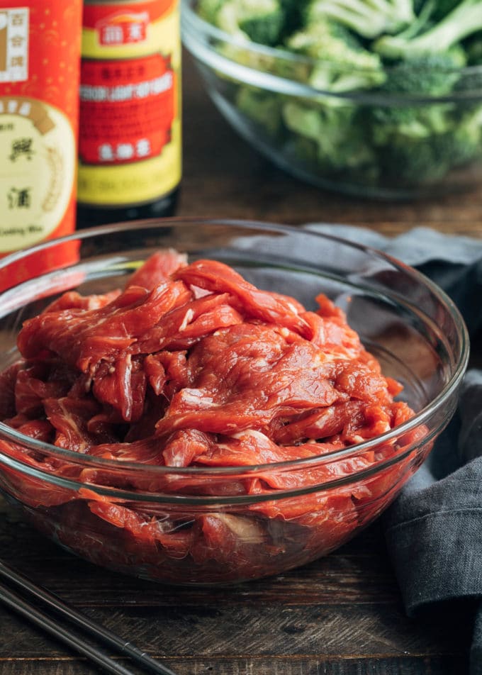 sliced flank steak in a bowl with soy sauce marinade