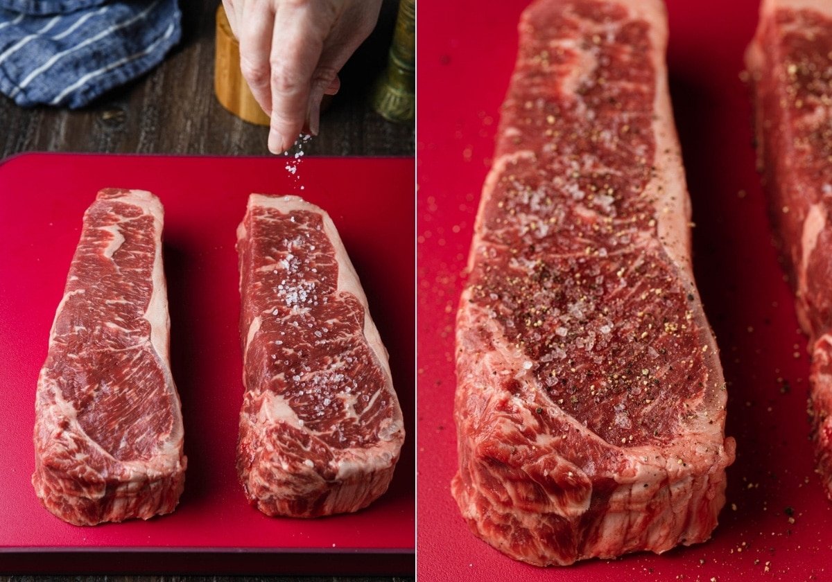 two images showing seasoning NY strip steaks with salt and pepper