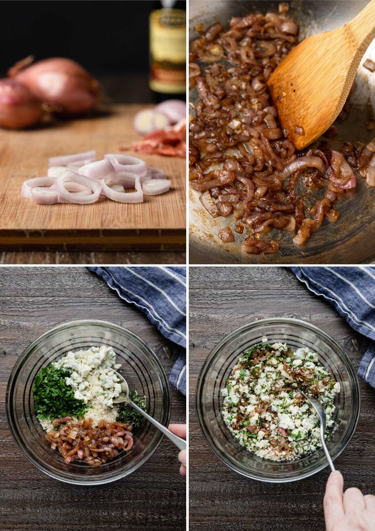 four photos showing the process of making a blue cheese crust with panko and caramelized shallots