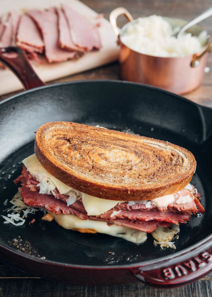 reuben in a staub cast iron killet