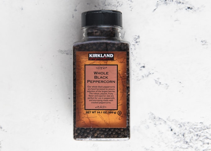 jar of Kirkland whole black peppercorns