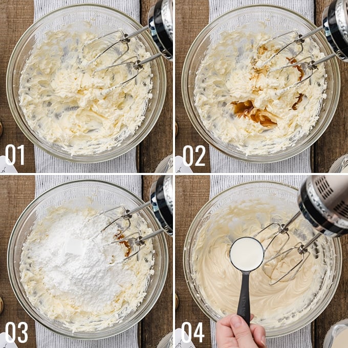 collage of 4 overhead photos showing the process of making cream cheese glaze