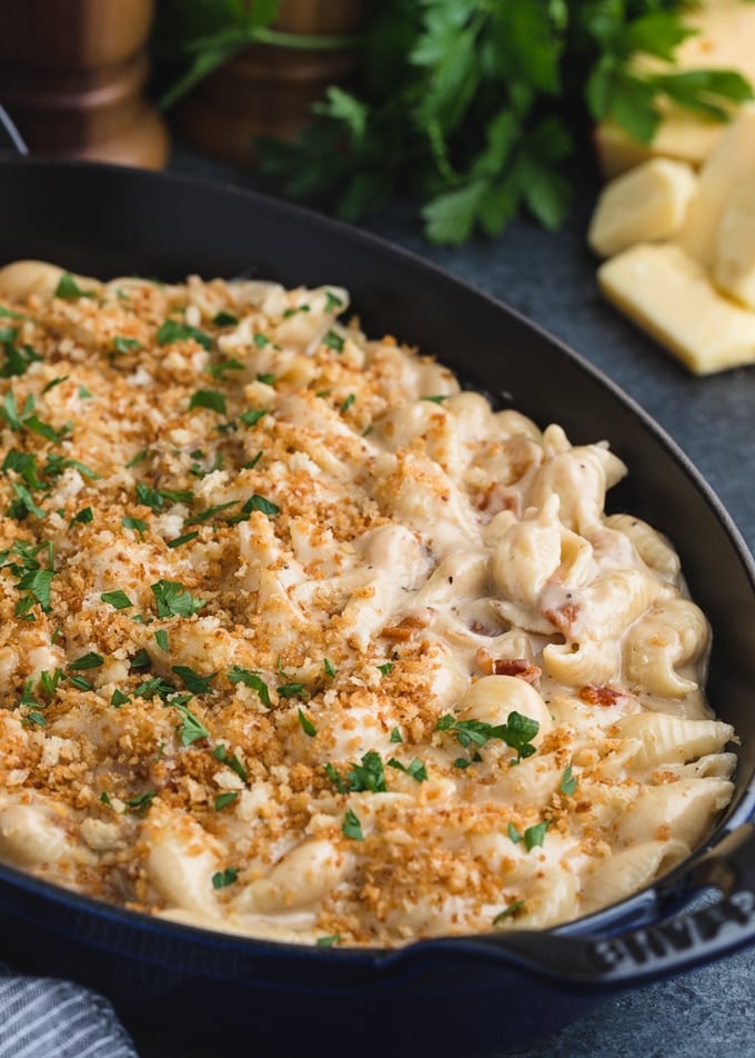 pan of gouda macaroni and cheese topped with toasted panko breadcrumbs