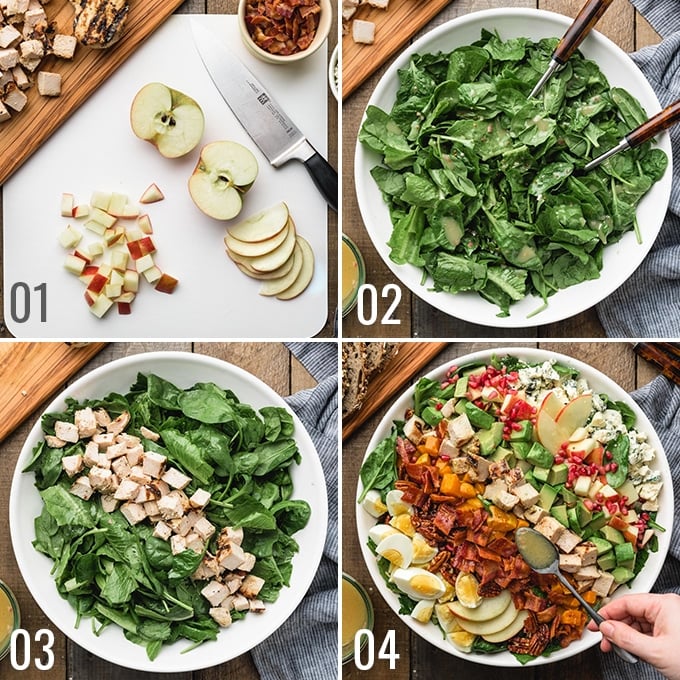 collage showing the process of making a harvest cobb salad