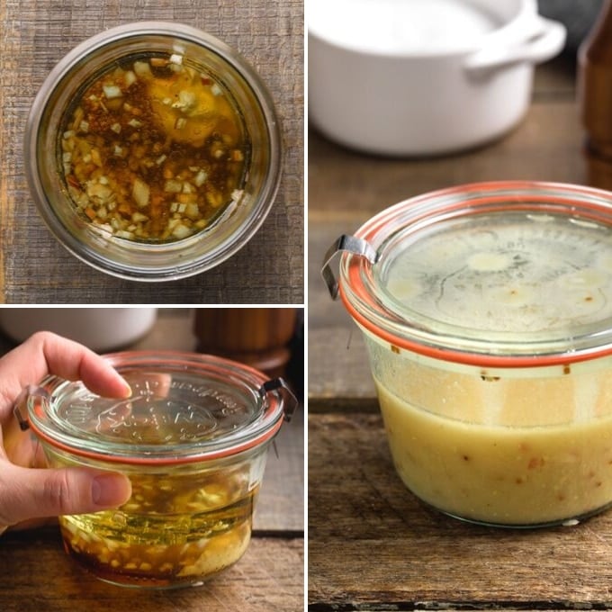 process photos showing the preparation of maple dijon vinaigrette in a jar