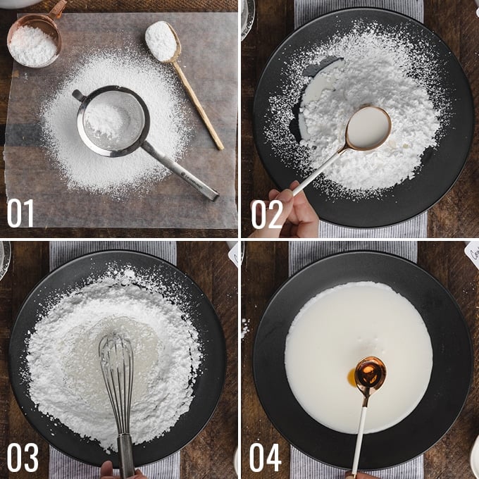 collage of four overhead photos showing the process of making powdered sugar glaze