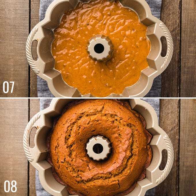 side by side comparison of unbaked and baked pumpkin cake in a bundt pan