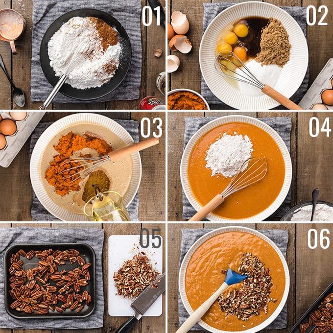 overhead photos showing the process of making pumpkin bundt cake