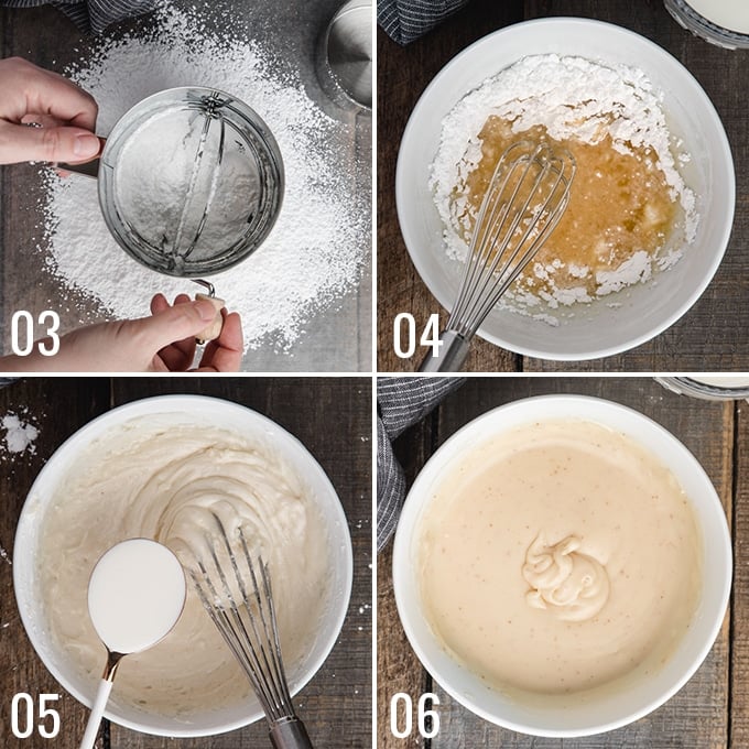 four photos showing the process of mixing brown butter cake glaze