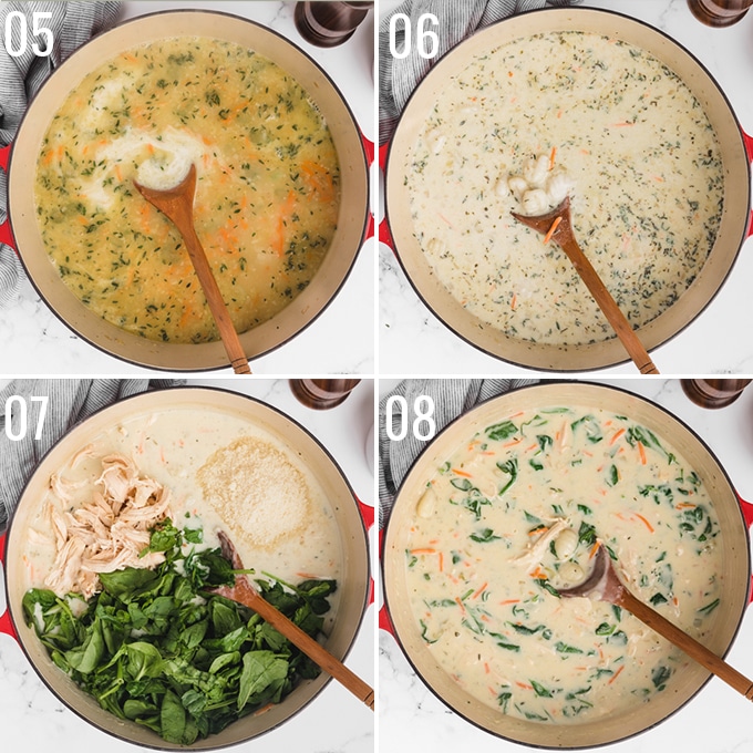 four overhead photos showing the process of simmering chicken gnocchi soup