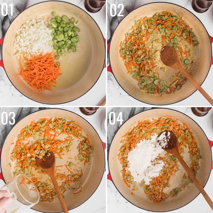 four overhead photos showing the process of sautéing aromatics and making a roux for chicken gnocchi soup