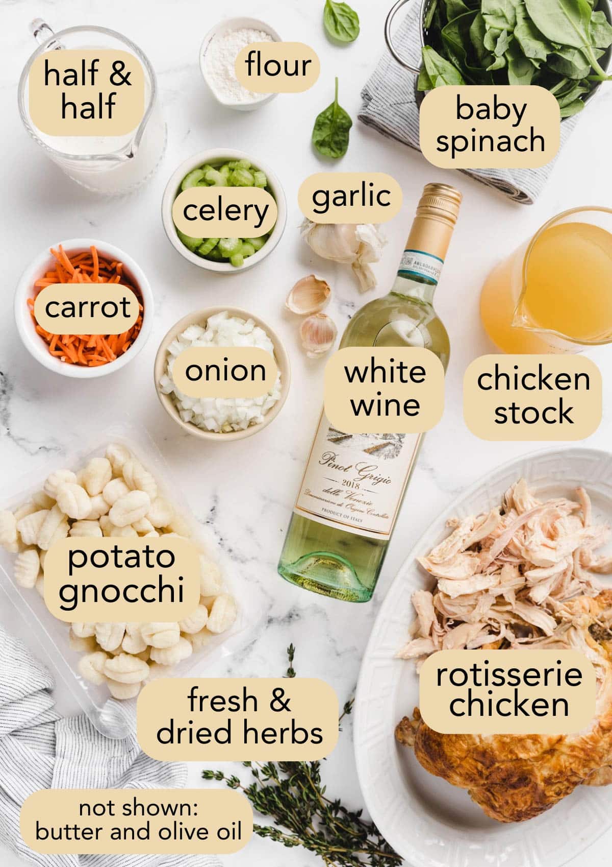 overhead of ingredients needed to make chicken gnocchi soup on a marble board with text overlay labels