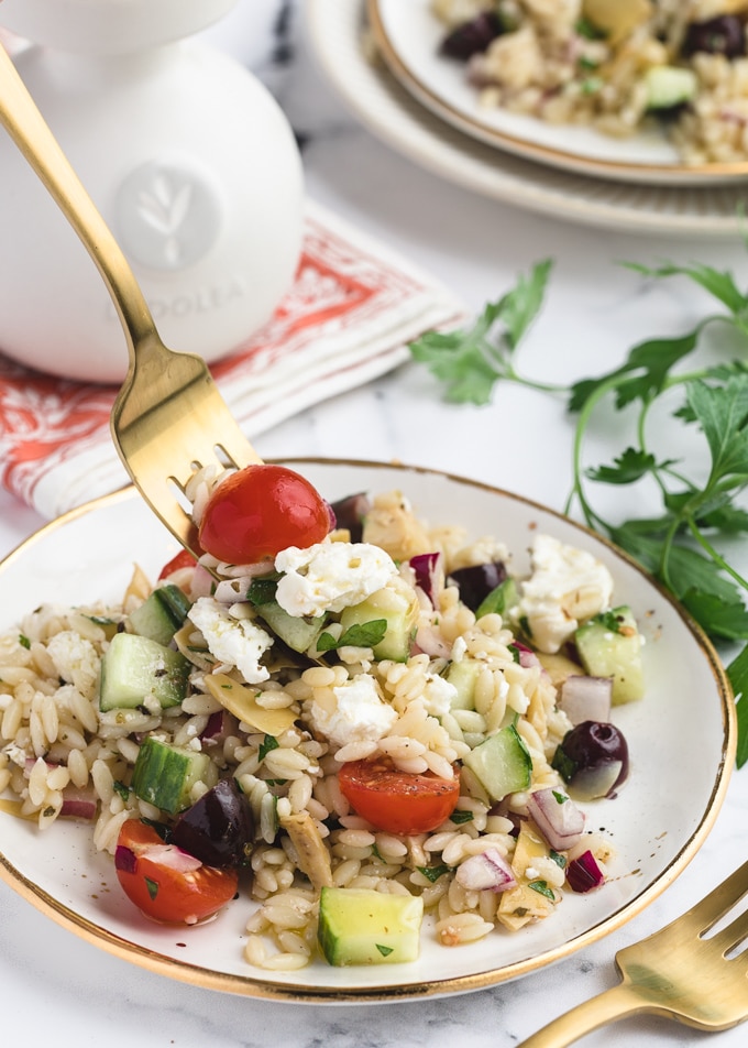 orzo salad on a white and gold plate, being scooped up with a gold fork