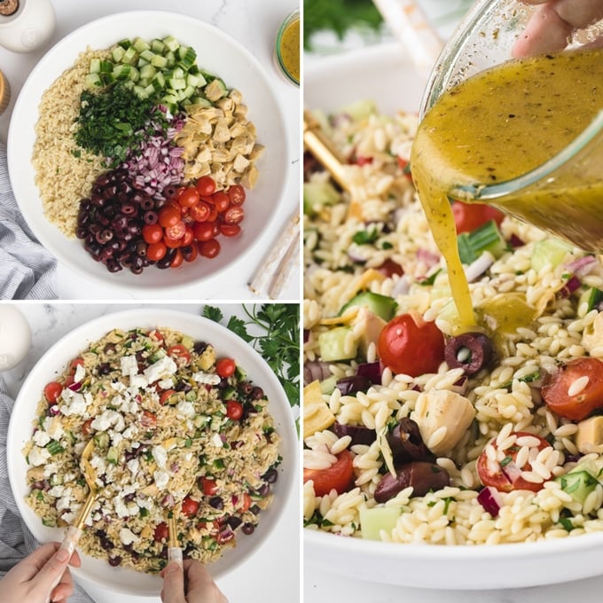 3 photos showing the process of assembling orzo salad  - the untossed salad in a bowl, tossed salad with feta, and pouring vinaigrette over the salad from a jam jar