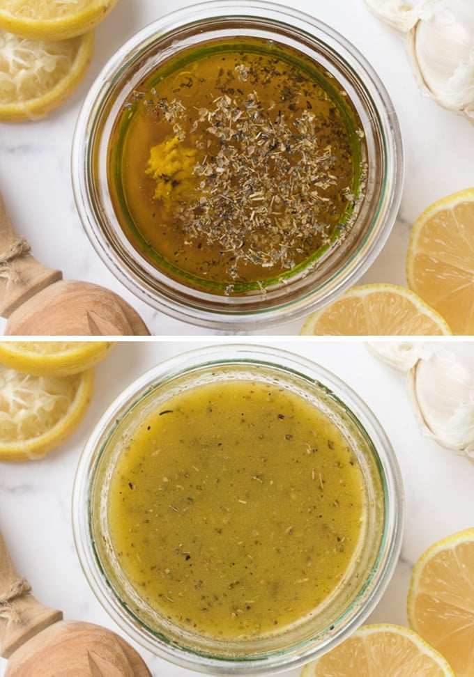 overhead photos showing unmixed and mixed red wine-lemon vinaigrette in jam jars