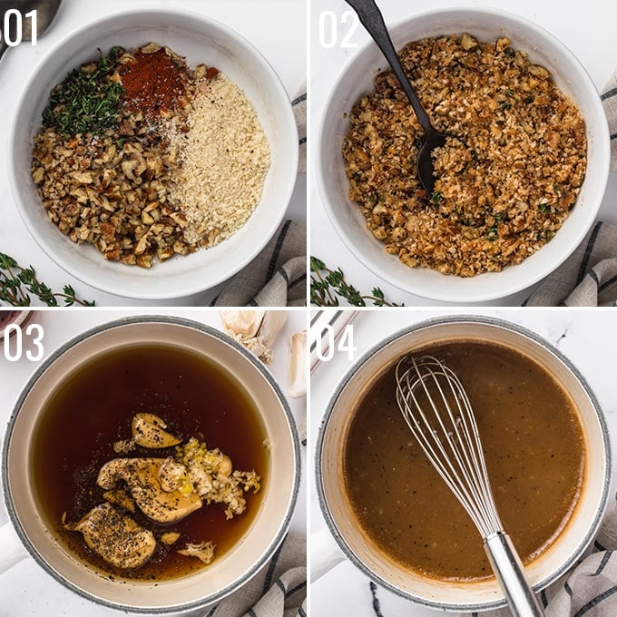 overhead collage showing the process of making a pecan crust and maple bourbon glaze