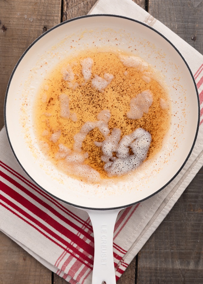 brown butter in a white cast iron skillet