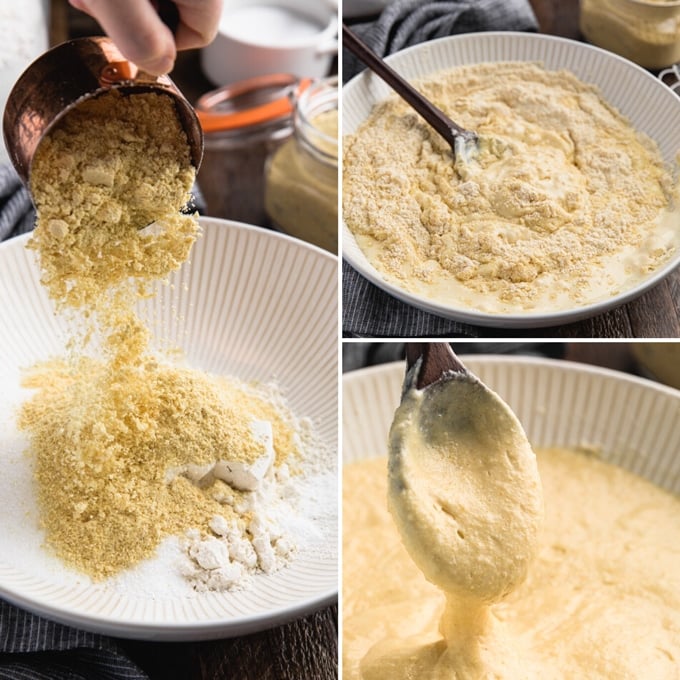 collage showing the process of mixing buttermilk cornbread batter