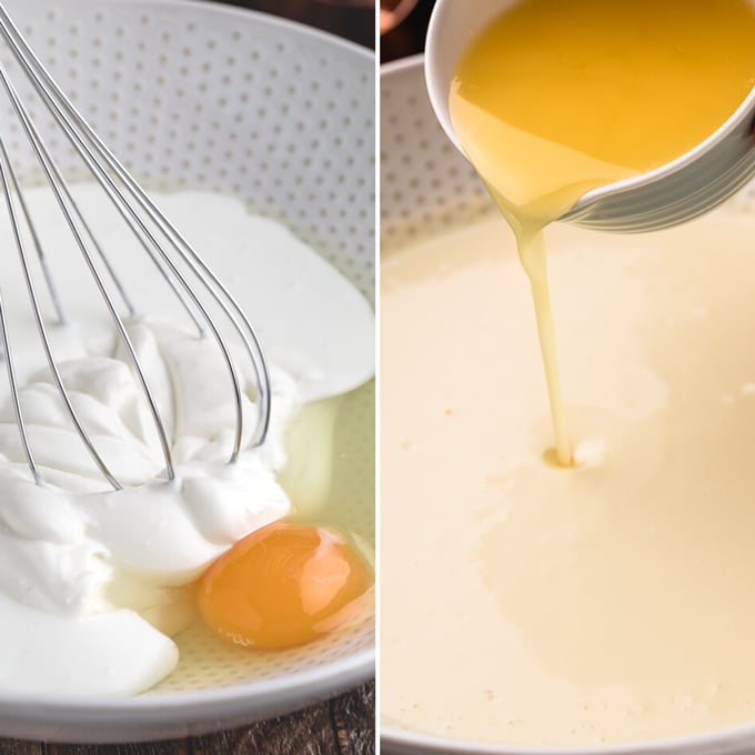 collage of wet ingredients for cornbread: Left side - sour cream, buttermilk and eggs, Right side - melted butter being poured into the batter