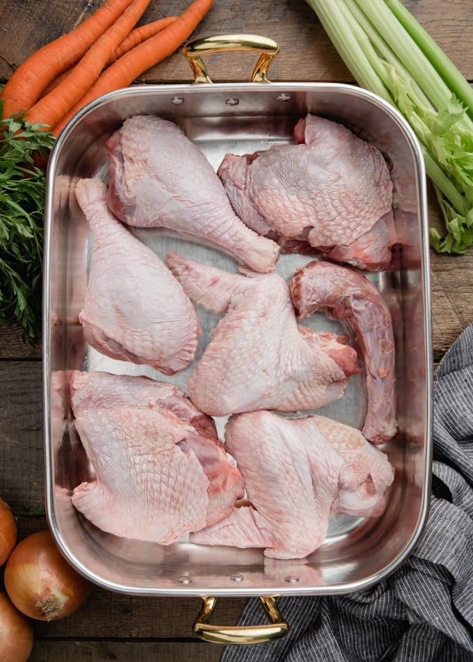 raw turkey drumsticks, wings, and thighs in a copper roasting pan