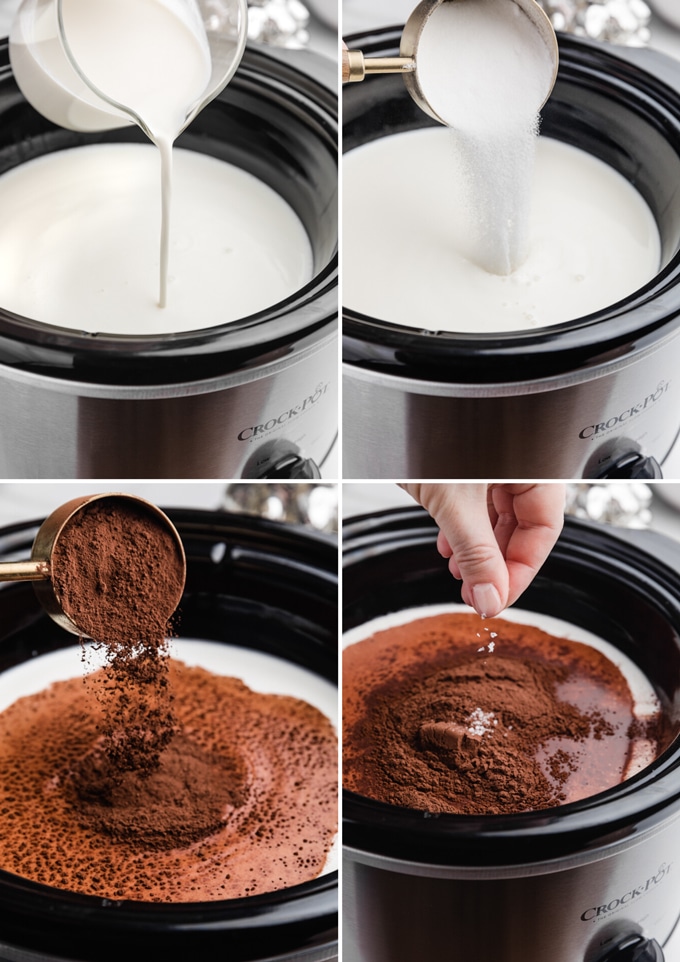 four photos showing the process of adding heavy cream, sugar, cocoa powder, and salt to a slow cooker