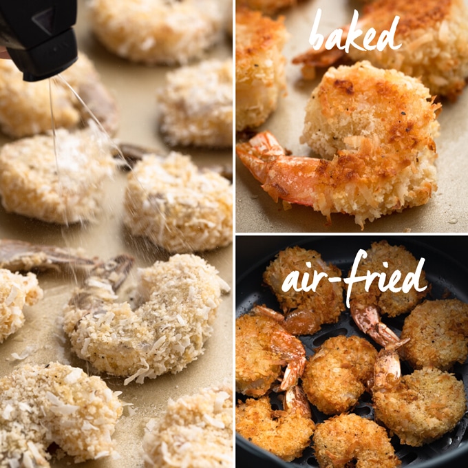 3-frame photo showing spraying raw breaded shrimp with oil spray, and comparing baked and air-fried coconut shrimp