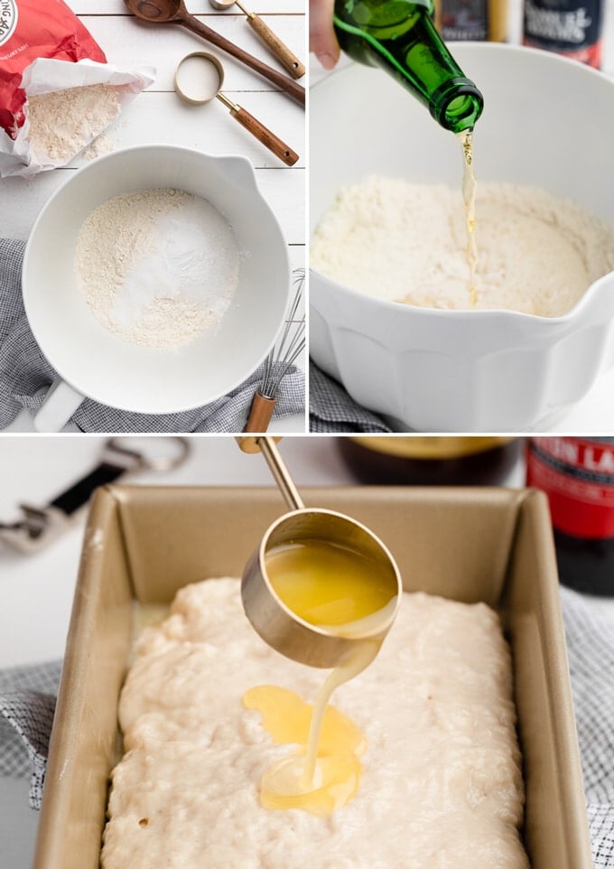 collage of three process shots showing the dry ingredients for beer bread, pouring beer into the batter, and drizzling butter over the top of the batter in a loaf pan