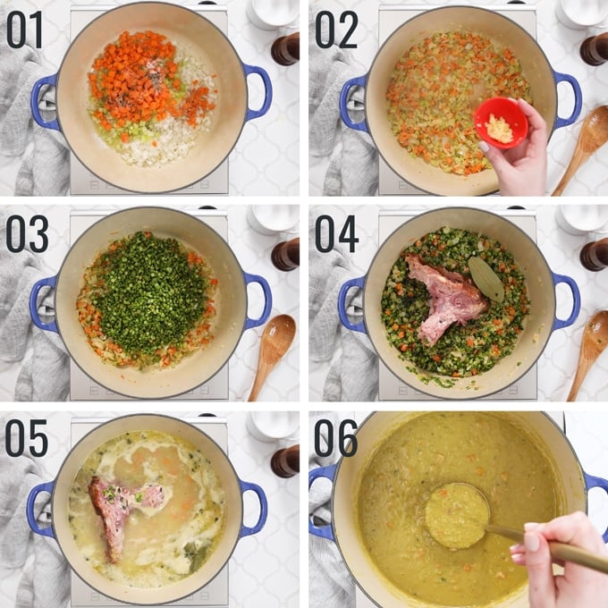 six overhead photos showing the process of making split pea soup with ham