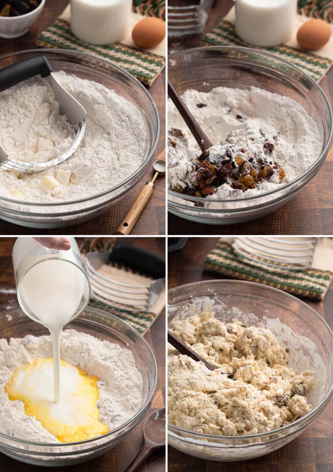 collage of four photos showing the process of making Irish-American soda bread dough with raisins