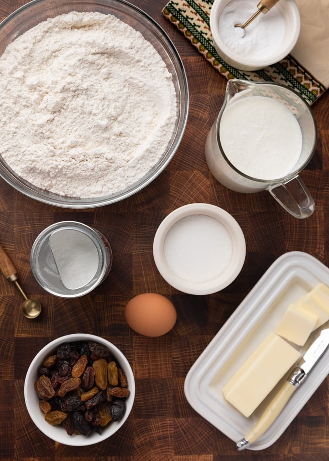 overhead of American-Style Irish Soda Bread ingredients