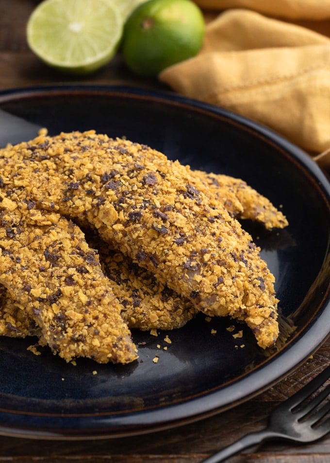 raw tortilla breaded tilapia fillets on a dark blue plate