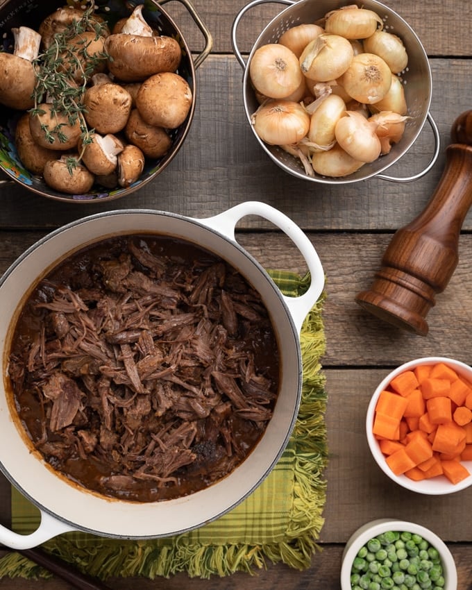 overhead photo of the ingredients for short rib cottage pie