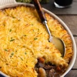 short rib cottage pie in an oval gratin dish