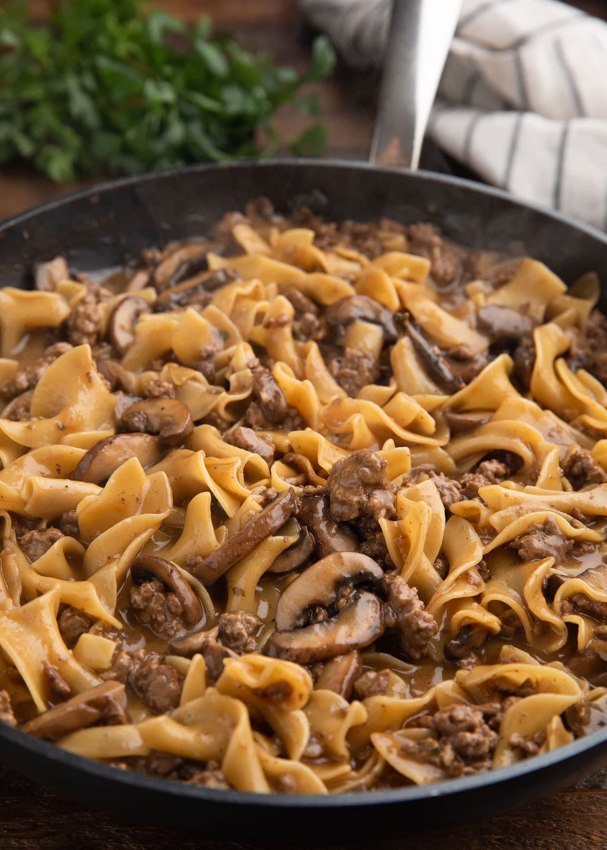 steamy pan of ground beef stroganoff before adding sour cream