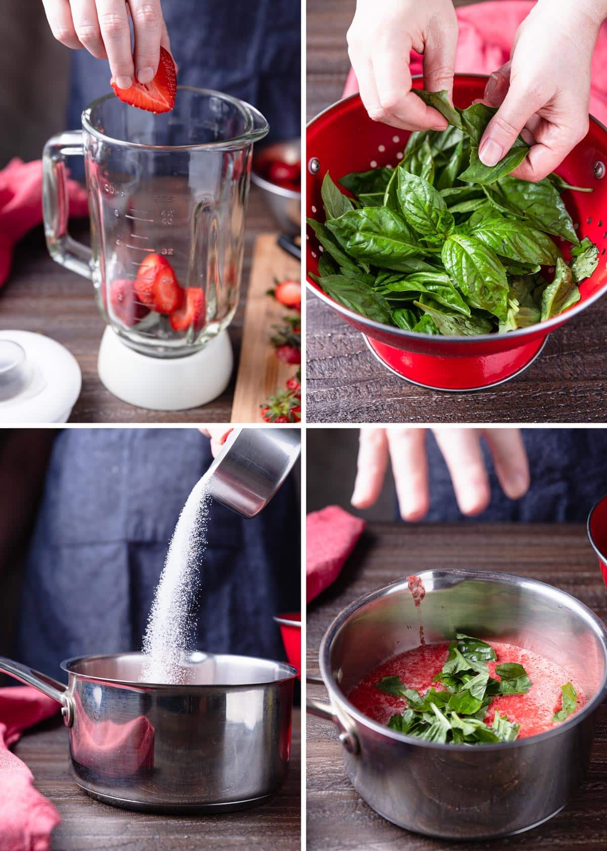 collage showing 4 photos of making strawberry soda: strawberries in a blender, tearing basil leaves, pouring sugar into a saucepan, and adding basil leaves to strawberry puree in a saucepan